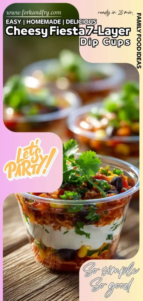 Crowd-Favorite 7-Layer Dip Cups 7-layer dip cups garnished with cilantro and olives