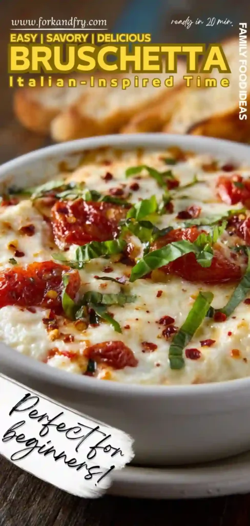 Easy Bruschetta Dip Italian Party Appetizer Italian bruschetta dip served in white bowl with herbs