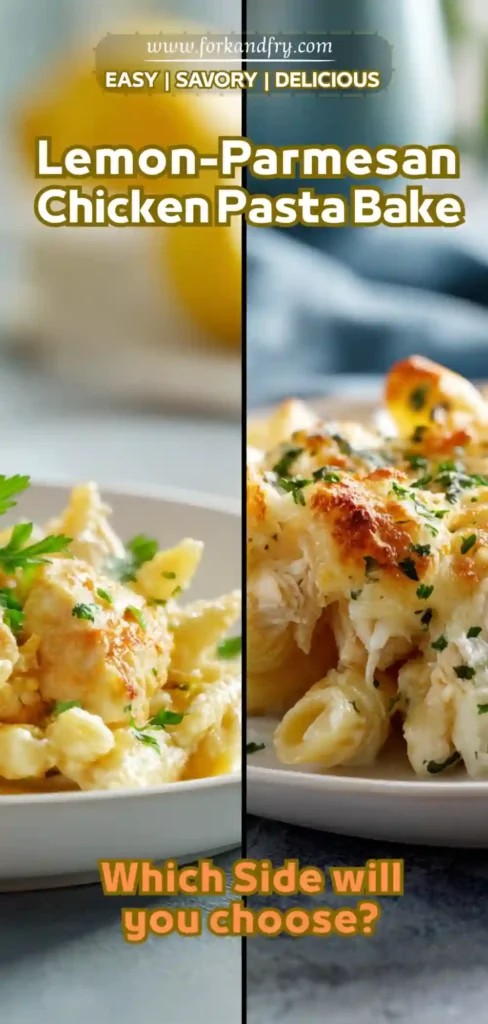 Easy Cheesy Chicken Pasta for Cozy Nights One-pot lemon parmesan pasta bake with juicy chicken and melted mozzarella on top