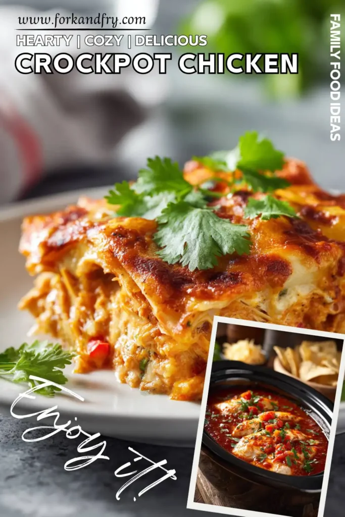Easy Crockpot Enchiladas for Fall Fall-inspired chicken enchilada casserole cooked in crockpot