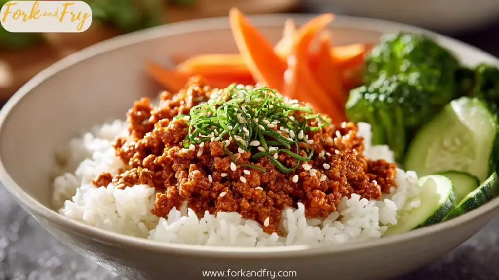 Ground turkey bowl with sweet and spicy Korean sauce over rice