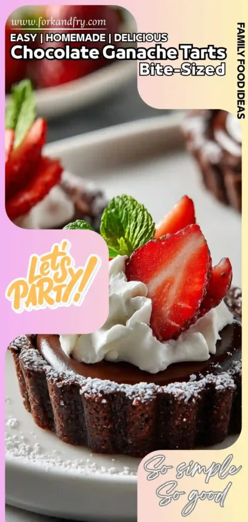 Easy Mini Ganache Tarts Close-up of chocolate tart topped with cream and strawberry
