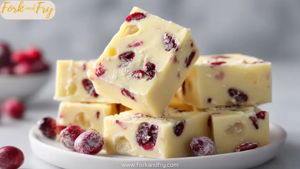 White chocolate cranberry fudge cut into small squares on a plate