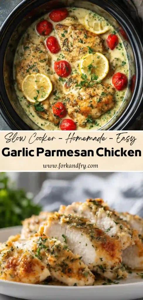 Garlic Chicken in Creamy Parmesan Sauce Slow Cooker Recipe Garlic chicken cooked in slow cooker with rich cream and herbs