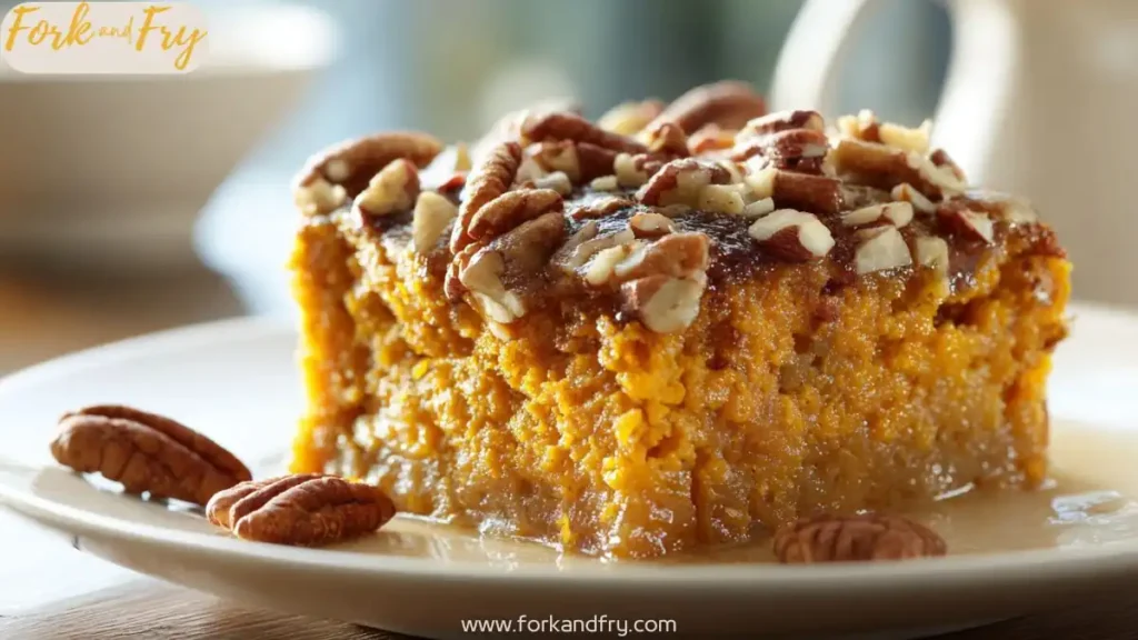 Baked sweet potato casserole with golden brown pecan crumble topping on a white baking dish