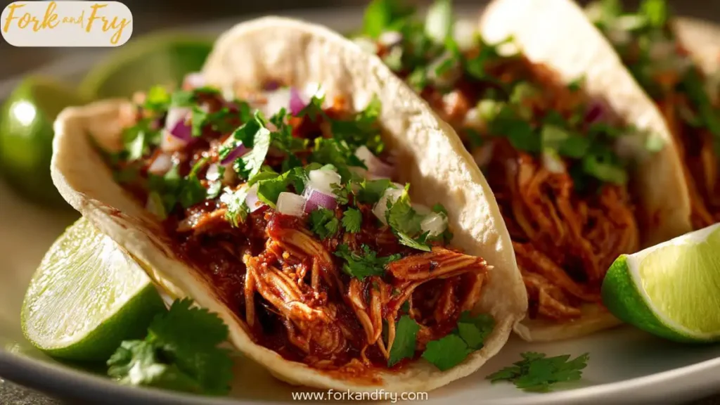 “Shredded chicken seasoned and cooked in a slow cooker with salsa, served in corn tortillas with lime and cilantro.”
