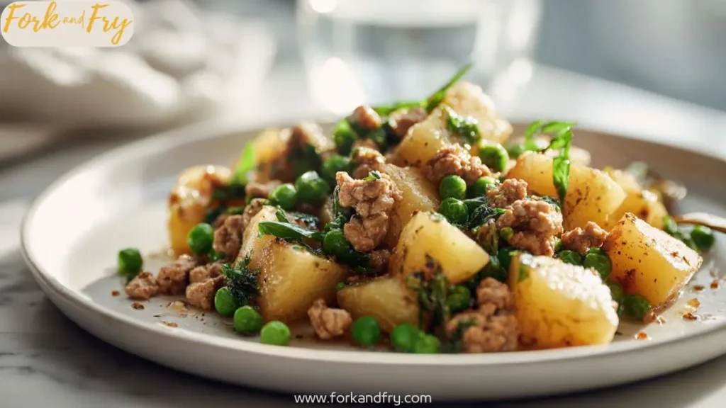 Ground turkey and potato skillet meal with peas in a pan