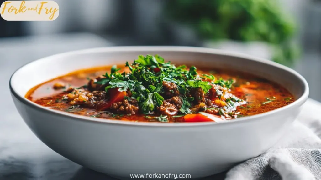 Crockpot stuffed pepper soup with bell peppers and rice