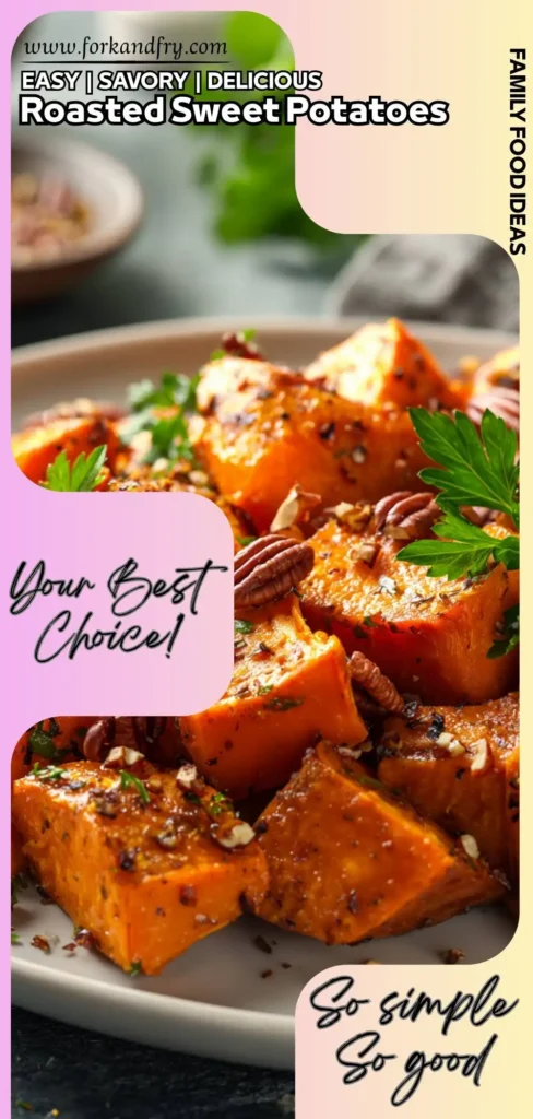 Holiday Sweet Potato Side with Garlic u0026amp; Herbs Close-up of oven-roasted sweet potatoes with garlic and parsley