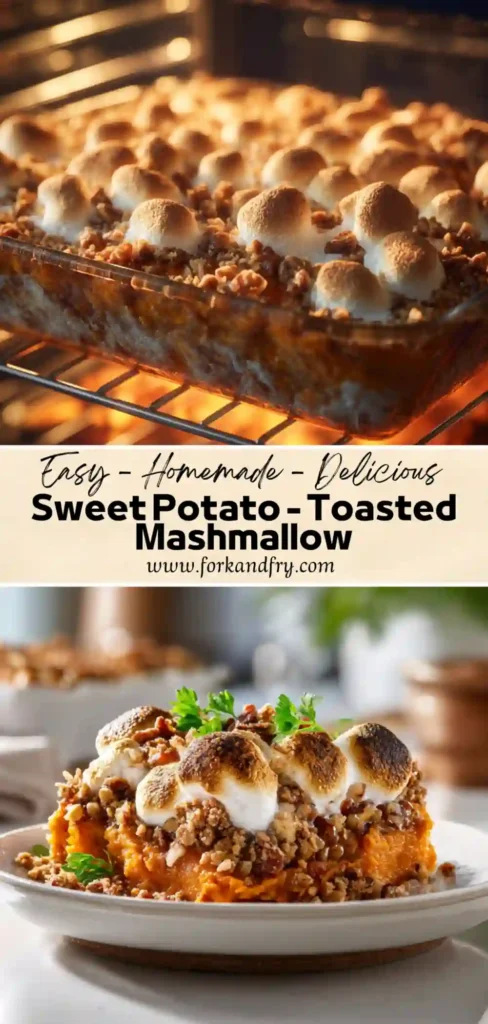 Maple‑Sweet Potato Marshmallow Casserole Side Maple‑sweetened mashed sweet potato casserole finished with toasted marshmallows and nutty streusel