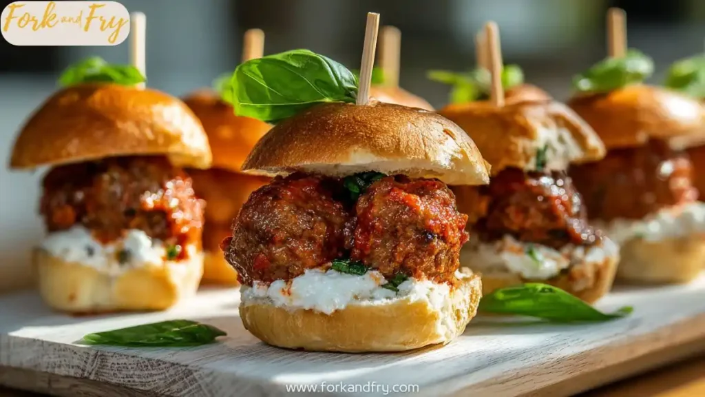 Close-up of cheesy meatball sliders topped with marinara on mini buns
