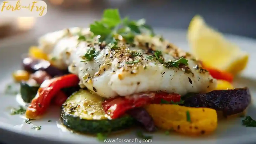 Flaky baked fish with lemon, cherry tomatoes, and herbs