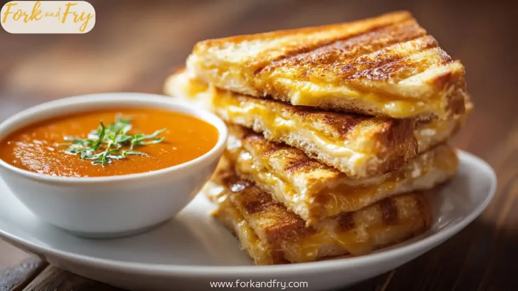 Bite-sized grilled cheese strips with a side of tomato basil soup