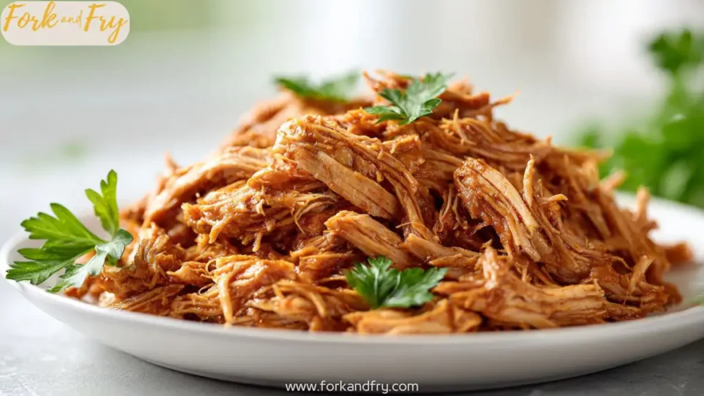 Shredded chicken with pepperoncini and butter in a slow cooker
