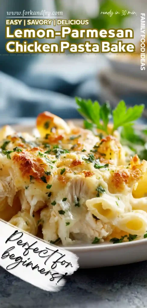One-Pot Chicken Parmesan Pasta in 30 Minutes A cozy plate of cheesy chicken pasta with golden baked topping