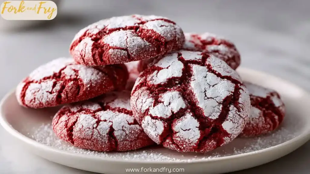 Soft red velvet crinkle cookies rolled in sugar, baked to a perfect crackle, great for holiday baking or Valentines gifting.