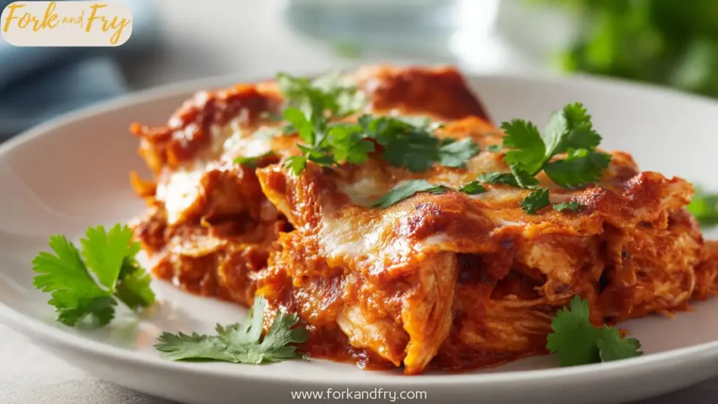 Slow cooker chicken enchiladas layered with tortillas and cheese