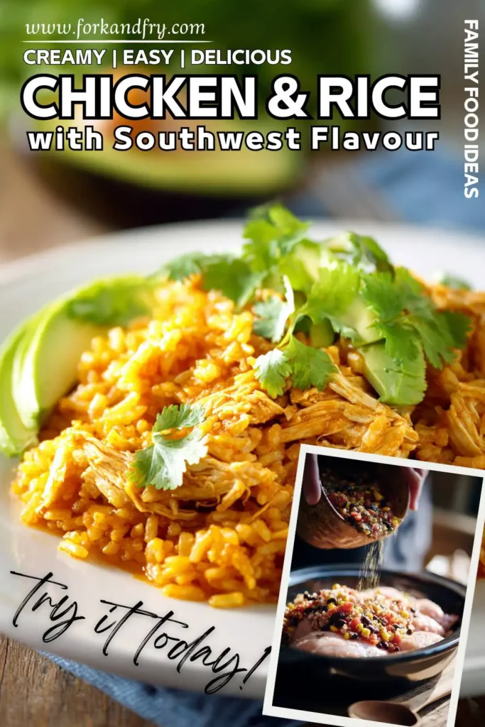 Slow Cooker Chicken u0026amp; Rice with Southwest Flavors Close-up of cheesy rice and beans with shredded chicken