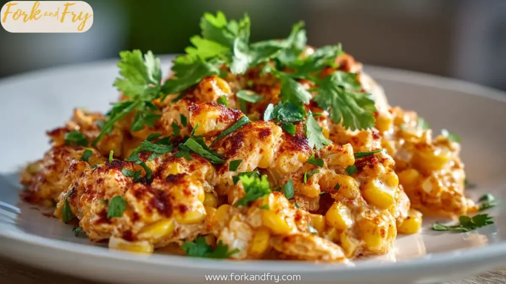 Slow cooked street corn chicken with cream cheese, lime, and cotija