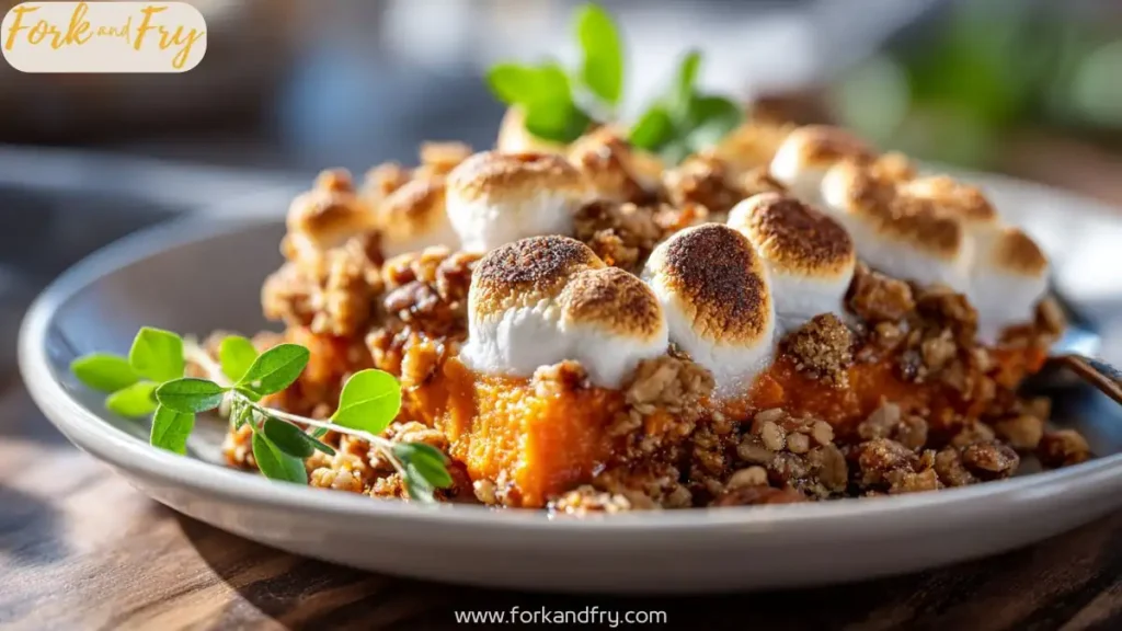 Smoky maple sweet potato casserole topped with toasted marshmallows and pecan streusel