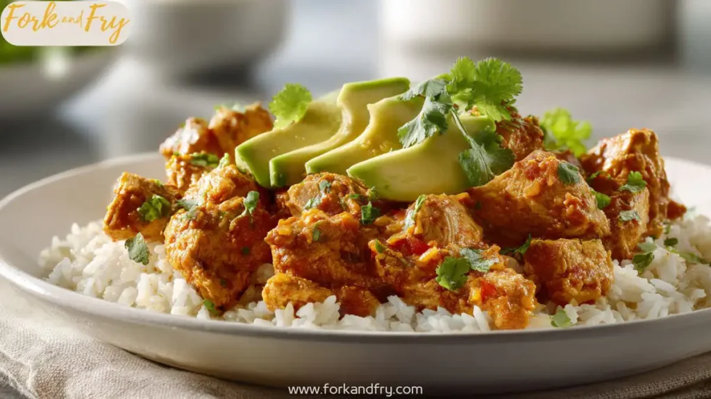 Slow cooked chicken with rice, cheese, corn, and beans