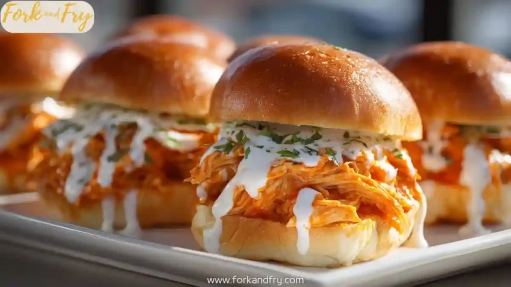 Spicy buffalo chicken sliders with ranch on soft buns
