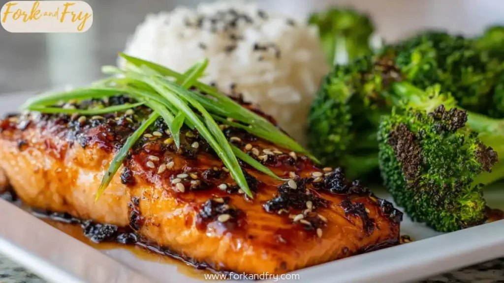 Crispy glazed salmon fillets with honey garlic sauce