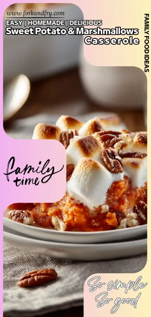 Bubbly baked casserole with marshmallows and pecan topping