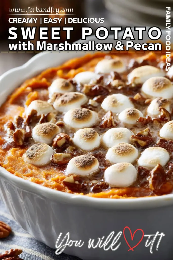 Sweet Potato Casserole with Marshmallow u0026amp; Pecans Golden sweet potato bake in white dish