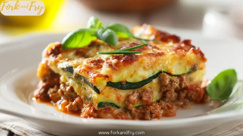 Healthy baked turkey zucchini casserole in a white dish