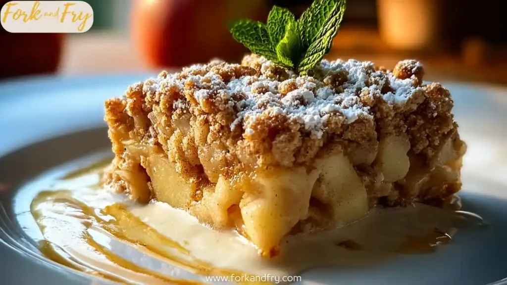 Apple crumb bar with powdered sugar and mint served on vanilla sauce