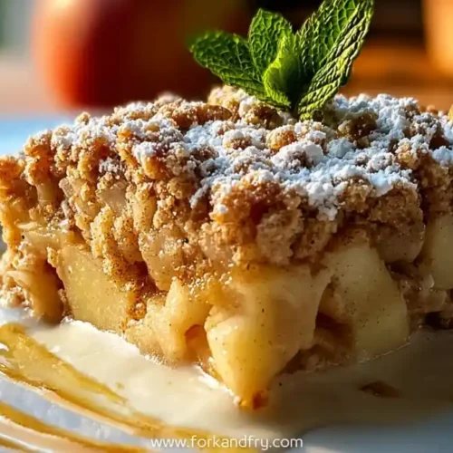 Apple crumb bar with powdered sugar and mint served on vanilla sauce