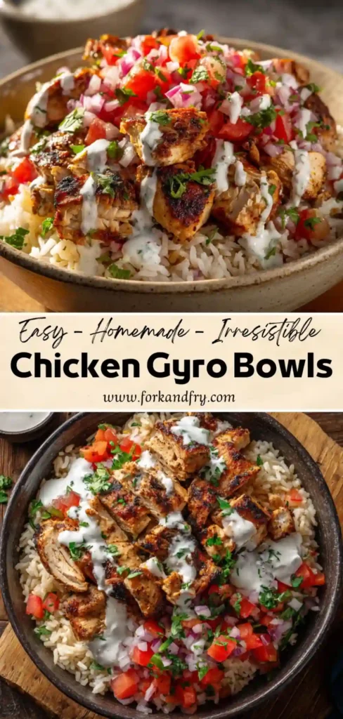 vertical image of chicken gyro bowls with rice, tomatoes, onions, and creamy white sauce