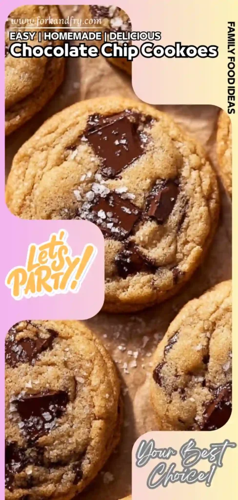 Chocolate Chip Cookies Close-up of chocolate chip cookies topped with sea salt on parchment with playful text overlay