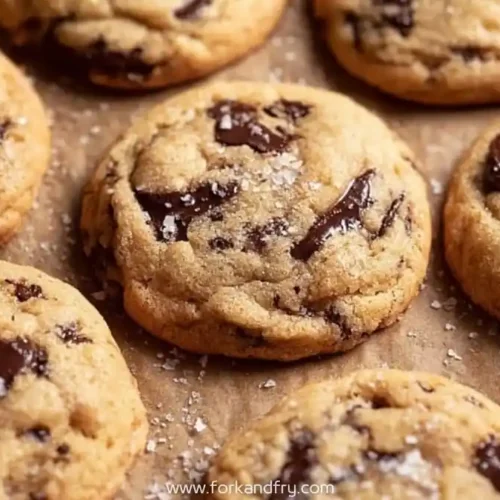 Freshly baked chocolate chunk cookies with flaky sea salt on parchment