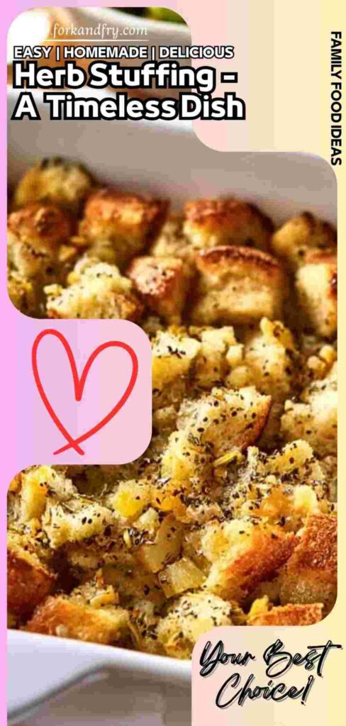 Homemade Classic Stuffing – A Holiday Favorite Classic golden bread stuffing in white baking dish, vertical format