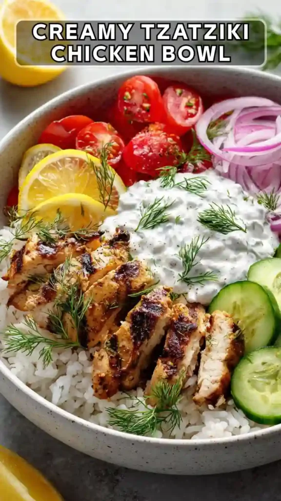 creamy tzatziki chicken bowl with rice, cucumber, tomatoes, red onion, and lemon slices