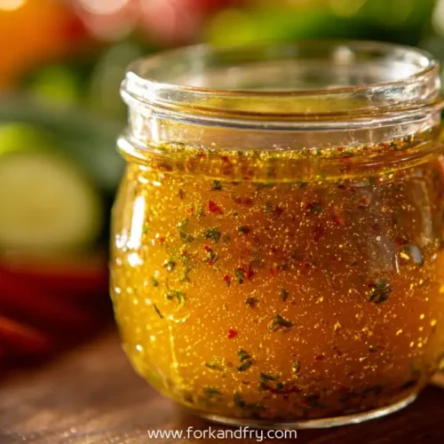 jar of homemade herb vinaigrette with visible herbs and spices surrounded by fresh vegetables