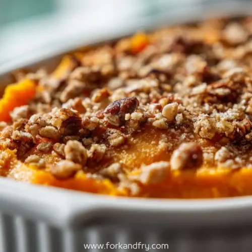Creamy maple sweet potato bake topped with golden pecan crunch, baked in a white dish under warm natural light.