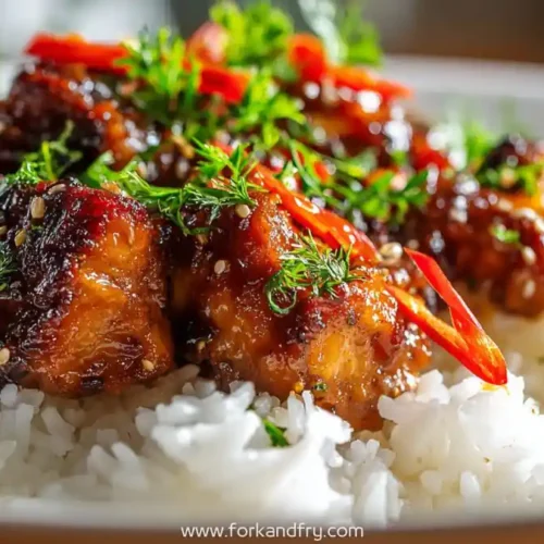 Slow cooker teriyaki chicken glazed with honey garlic sauce, served over rice.