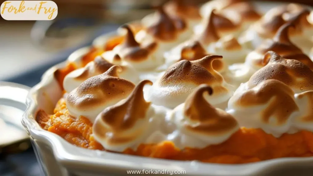 Golden meringue topped sweet potato casserole with melted marshmallows in white dish.