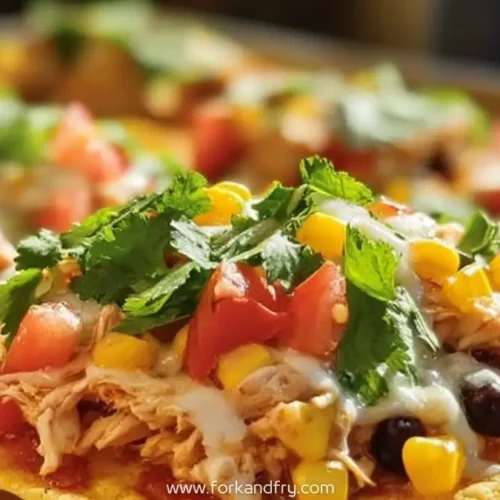 Mexican rotisserie chicken tostada with melted cheese, corn, tomato, cilantro on crispy shell