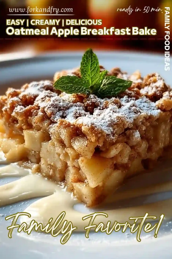 Baked oatmeal apple bar with mint garnish and vanilla cream drizzle