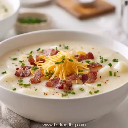 bowl of loaded potato soup topped with bacon, shredded cheese, and chives