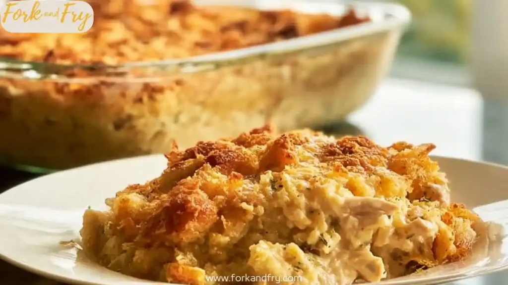 creamy chicken casserole slice with golden crust served on a white plate