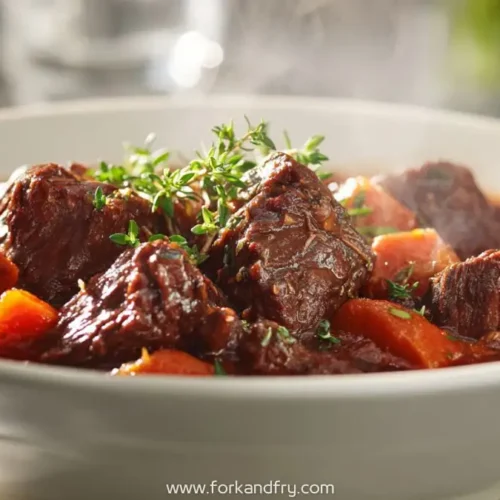 Bowl of slow-cooked beef bourguignon with carrots and herbs in rich red wine sauce under warm natural light.