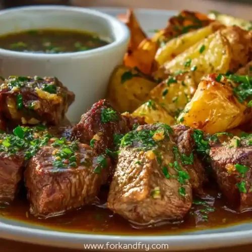 Garlic butter steak bites with roasted potatoes and dipping sauce on white plate
