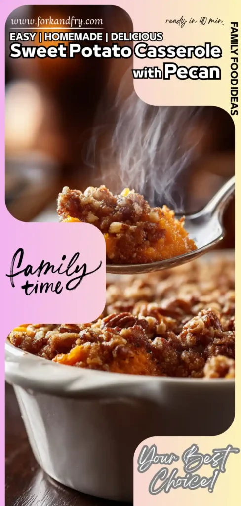 A serving of Sweet Potato Casserole with Pecan Topping on a white plate, pecan crust glistening, creamy sweet potatoes beneath, fork beside, fall decor in background.