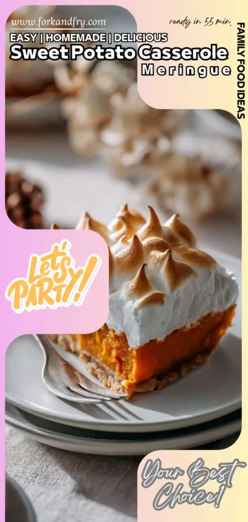 Sweet potato casserole topped with toasted meringue swirls and marshmallow layer beneath.