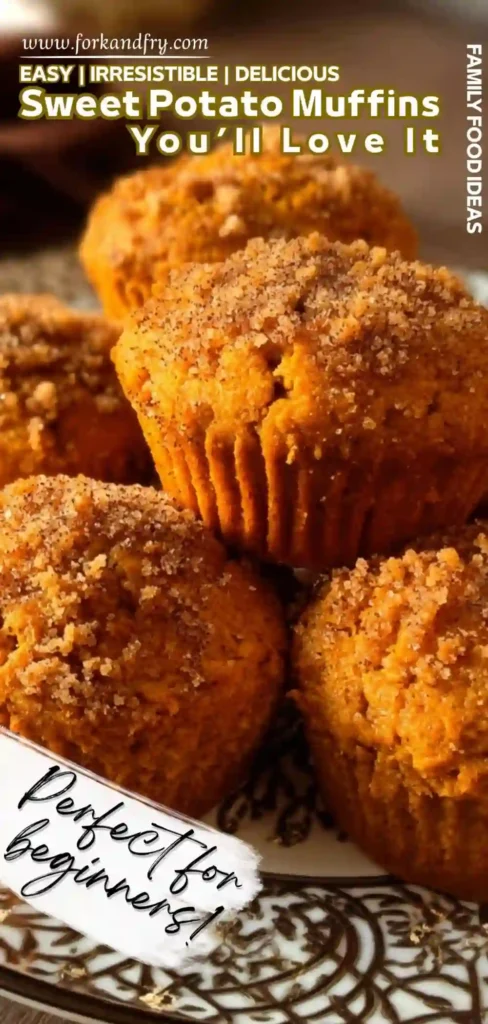 Sweet potato muffins topped with cinnamon sugar on decorative plate with text overlay